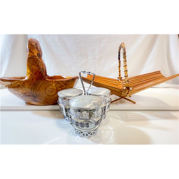 Signed Burl Wood Basket by CON with Bamboo Folding Basket and Mid-Century Glass Condiment Set