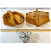 Image 2 : Signed Burl Wood Basket by CON with Bamboo Folding Basket and Mid-Century Glass Condiment Set