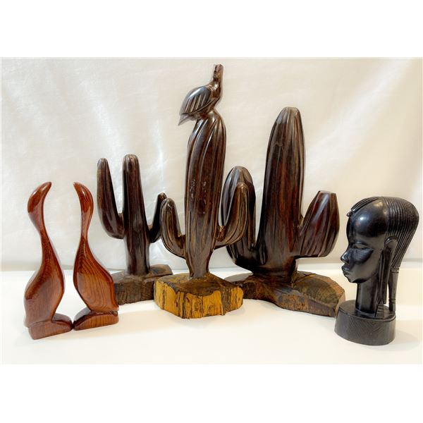 Lot of Mid-Century & Hand-Carved Sculptures – Ironwood Cactus Trio, Signed Seda M. Tomas Bi