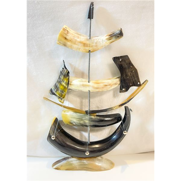 Mid-Century Viking Ship Sculpture – Carved Horn and Wire, 14"