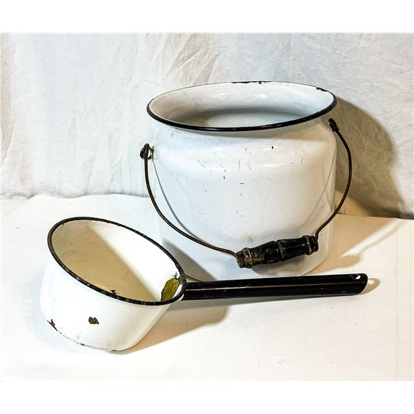 Vintage Enamelware Bucket and Ladle Set – White with Black Trim