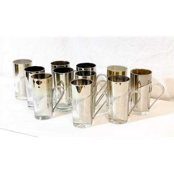 Set of 11 Vintage Silver Ombre Highball Glasses with Danish Scanmalay Style Handles - Mid Century Ba
