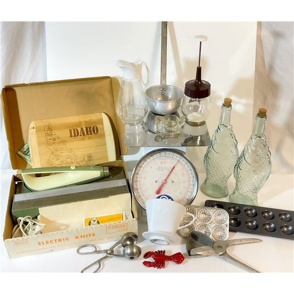 Vintage Kitchen Lot with Italian Fish Bottles, Sears Electric Knife in Box, and Metal Scale [x=#8211