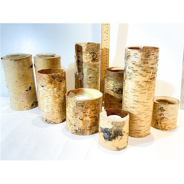 Lot of Birch Bark Candle Holders – Rustic Tealight Set, Various Heights