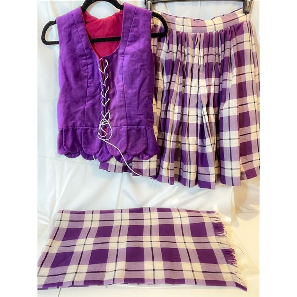 Highland National Dance Costume – Purple Velvet Vest with Highland Purple Tartan Skirt and 