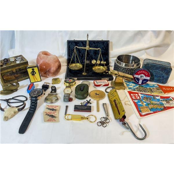 Eclectic Vintage Lot – Victorian Gold-Filled Baby Pin, Brass Balance Scale, Edgeworth Tobac