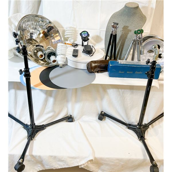 Large Photography & Lighting Lot – Vintage Tripods, Reflectors, Remote Turntable, Specialty