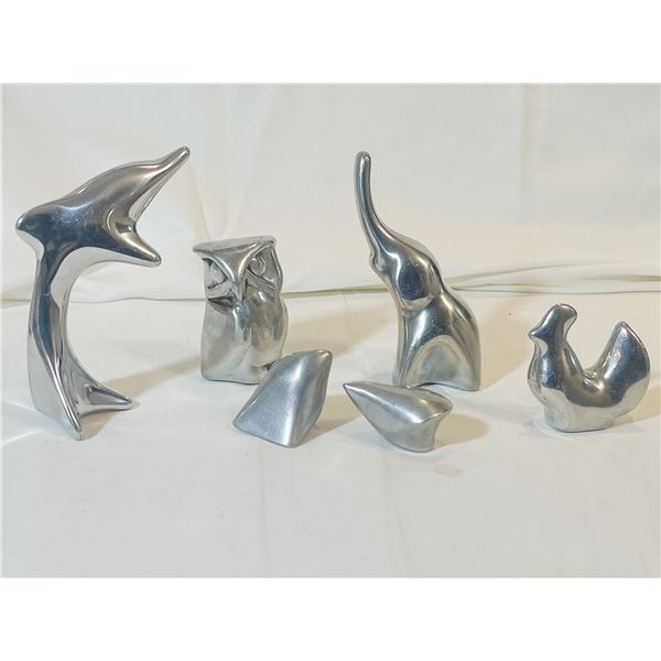 Set of 6 Hoselton Aluminum Sculptures – Dolphin, Owl, Elephant, Bird & Abstract Forms