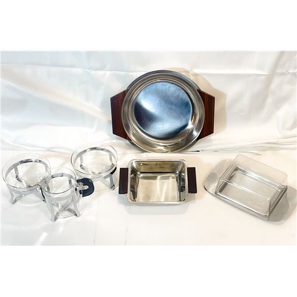 Mid-Century Modern German Stainless & Glass Serving Set – Rosewood-Handled Bowls, Covered B