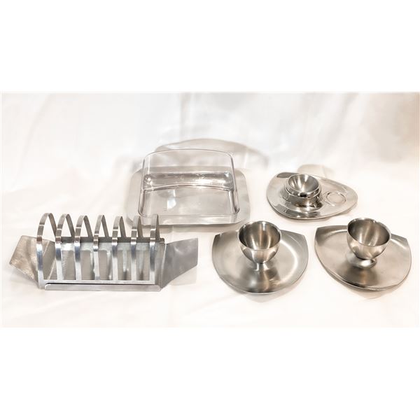 Vintage Danish MCM Stainless Steel Breakfast Set – Toast Rack, Butter Dish & Egg Cups