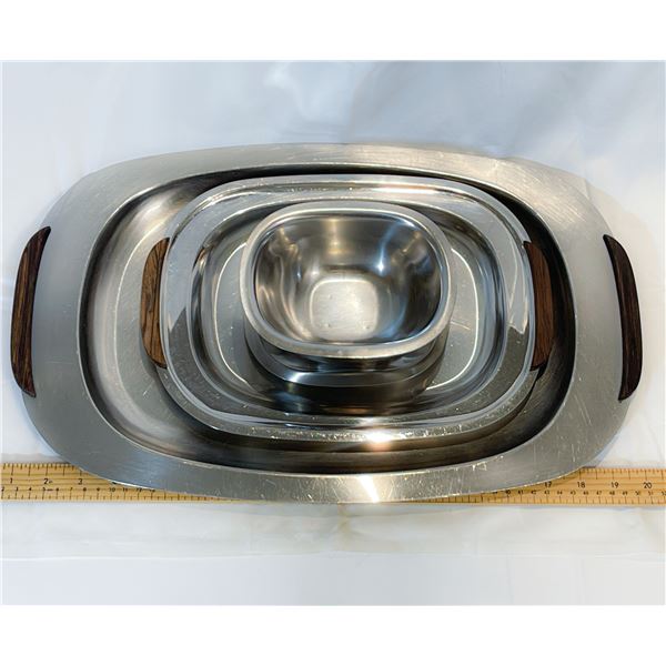 Anni & Bent Tofte Danish MCM Stainless Steel & Teak Serving Set and Unusual Square Serving Bowl