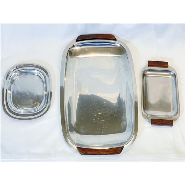Danish MCM Stainless Steel & Teak Serving Set – 3 Pieces, One Signed Anni & Bent Tofte, Lar