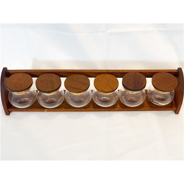 Vintage Danish Teak & Glass Spice Jar Set on Rack – Attributed to Digsmed, MCM Denmark