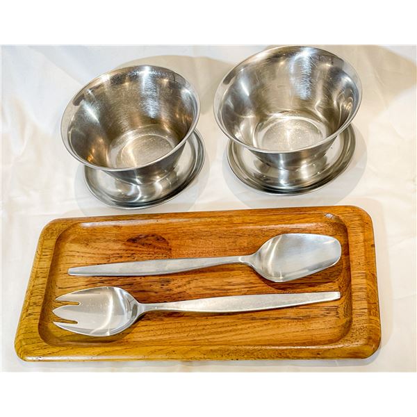 Vintage Digsmed Denmark Teak Serving Tray with Gense Salad Servers & Danish 18/8 Stainless Bowls [x=