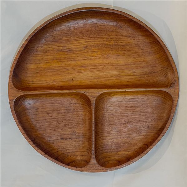 Vintage Dansk Teak Divided Serving Tray 12" Round Mid Century Modern Denmark Green Stamp