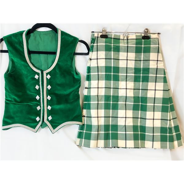 Vintage Highland Dance Costume – Green Velvet Vest & Matching Green Tartan Kilt