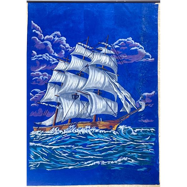 Vintage Velvet Painting – Tall Ship at Sea – Mid Century Maritime Art 31.5" x 46"