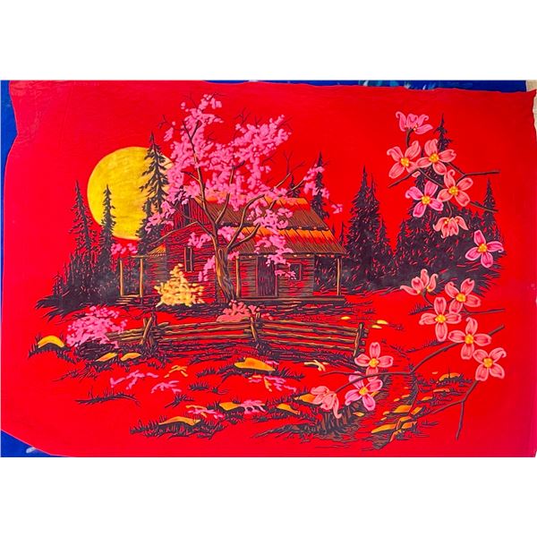 Vintage Velvet Painting – Cabin at Sunset with Blossoms – Mid Century Art 42" x 31