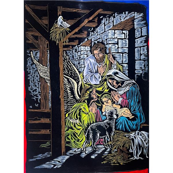 Vintage Velvet Painting – Large Nativity Scene – Retro Christmas Décor 42" x 31"