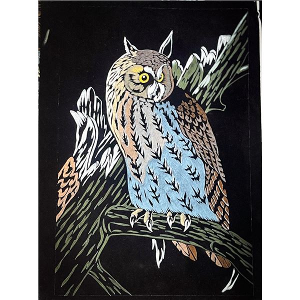 Vintage Velvet Painting – Owl on Branch – Mid Century Woodland Art 23" x 31"