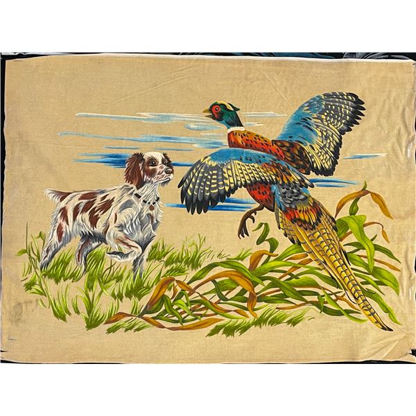 Vintage Velvet Painting – Hunting Dog and Pheasant – Mid Century Man Cave Art 22" 