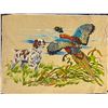 Image 1 : Vintage Velvet Painting – Hunting Dog and Pheasant – Mid Century Man Cave Art 22" 