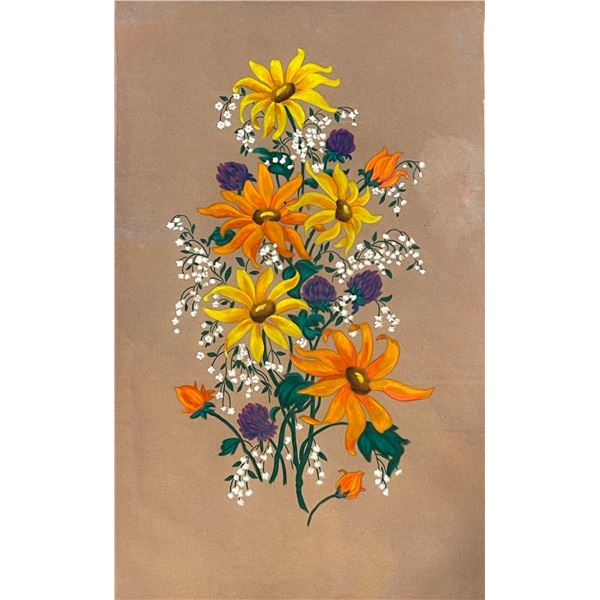 Vintage Velvet Painting – Wildflowers on Beige Velvet – Boho Wall Art 21" x 34"