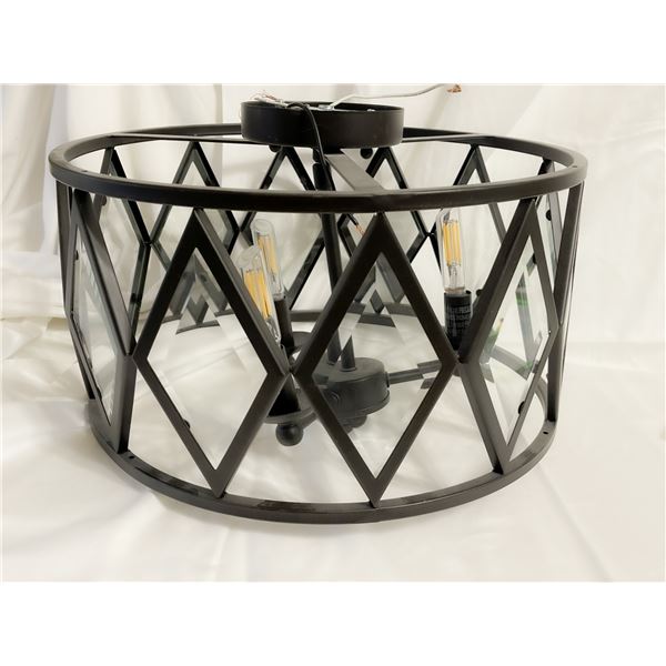 Modern Black Cage Ceiling Light Fixture with Beveled Glass Panels – 15” Diameter