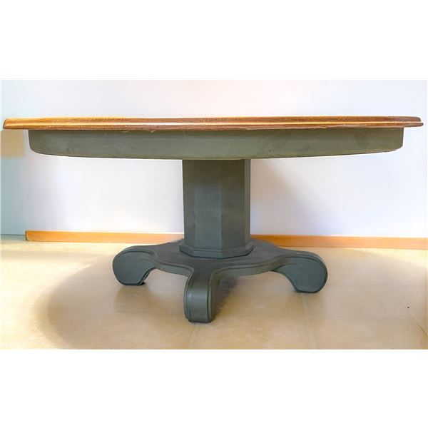 Solid Oak Round Coffee Table – 35” Diameter, Painted Sage Base