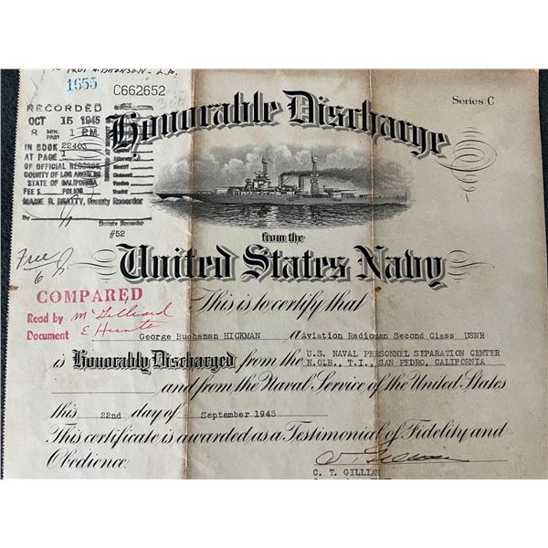 1945 United States Navy Honorable Discharge Certificate