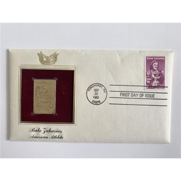 Babe Zaharias American Athlete Gold Stamp Replica First Day Cover
