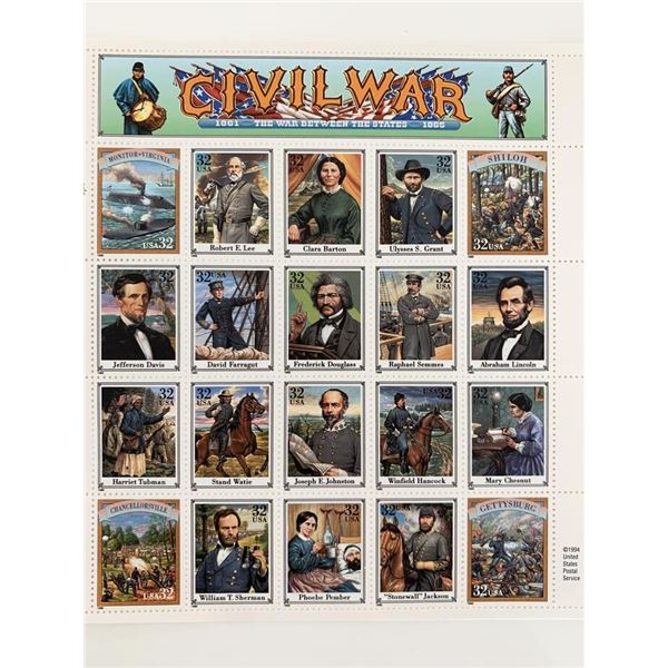 1995 32c Civil War, Abraham Lincoln, Souvenir Sheet of 20 Scott 2975