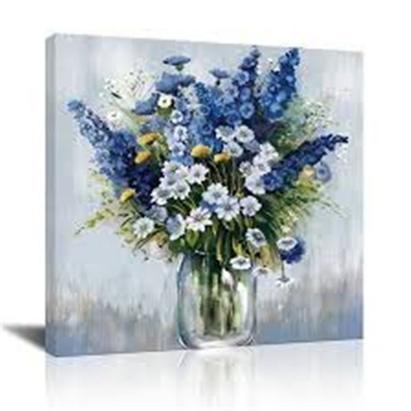 NEW 23.5 X 23.5" BLUE WHITE YELLOW FLOWER VASE ART