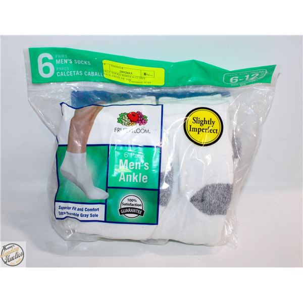 ANKLE SOCKS WHITE 6-12 SIZE 6-PACK FRUIT OF THE