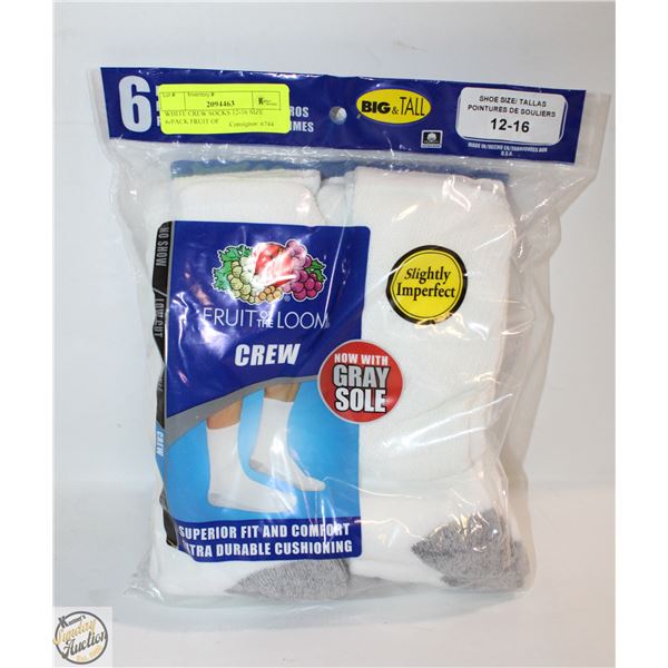 WHITE CREW SOCKS 12-16 SIZE 6-PACK FRUIT OF