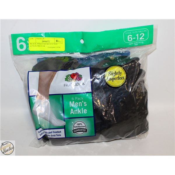 BLACK ANKLE SOCKS 6-12 SIZE 6-PACK FRUIT OF
