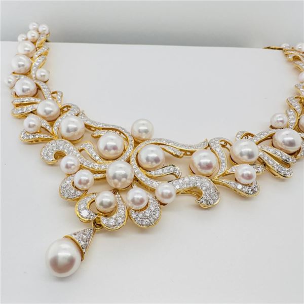 18KT Yellow & White Gold Diamond and Pearl Collar Necklace