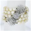 Image 7 : Vintage Platinum & Gold 5 Strand Cultured Pearl w/ Diamond Center Clasp Bracelet