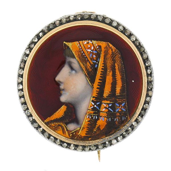 Antique 18k Gold Silver Hand Enamel Portrait & Old Cut Diamond Frame Pin Brooch
