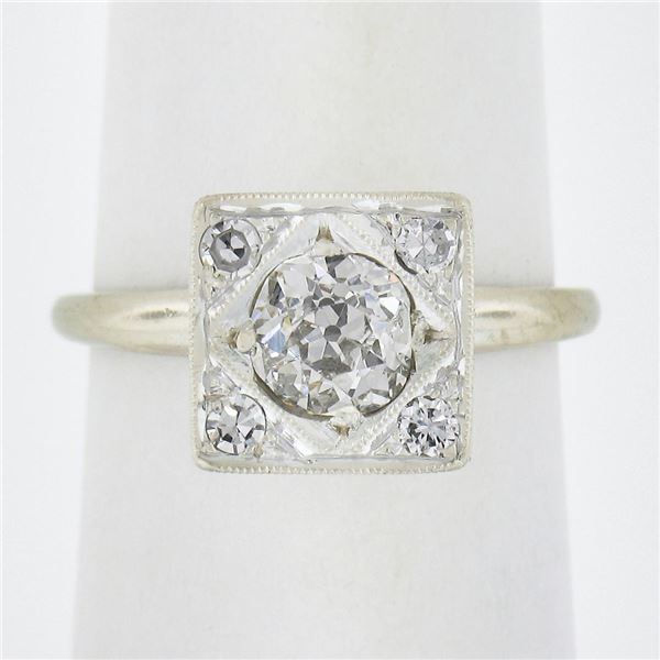 Antique 14k Gold .87 ctw Old Cut Pave Diamond Hand Engraved Floral Engagement Ri