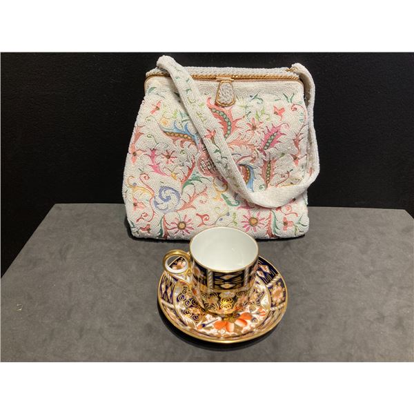 Royal Crown Derby Demitasse Cup with Vintage French Beaded Evening Purse