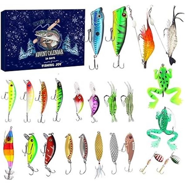 1 Fishing Tackle Lure Advent Calendar for Men - 24 Day Countdown to Xmas Fishing Lure Set - New