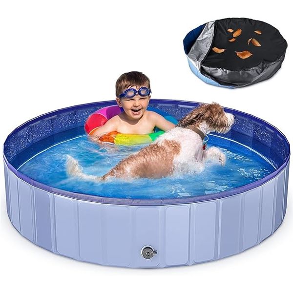 1 Foldable 63" Large Dog/Kids Pool with Cover - Heavy Duty PVC Dog Swimming Pool - New