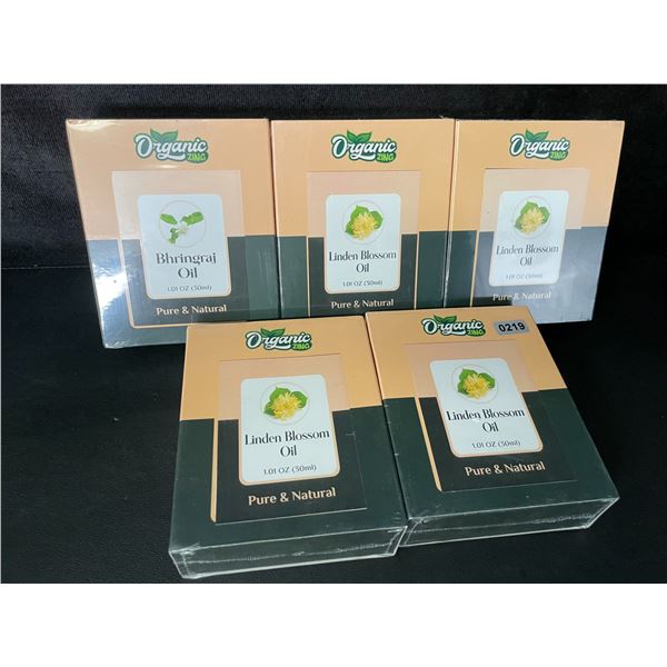 5 Boxes of Organic Zing Oils (30ml); 4x Linden Blossom Oil & 1x Bhringraj Oil - Pure & Natural - New