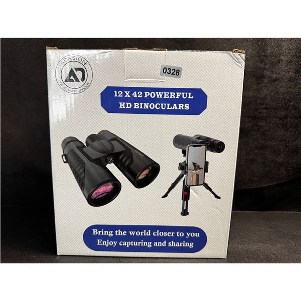 1 Pair of 12x42 Strength portable HD Binoculars with Smart Phone Adapter Case and Accessories - New