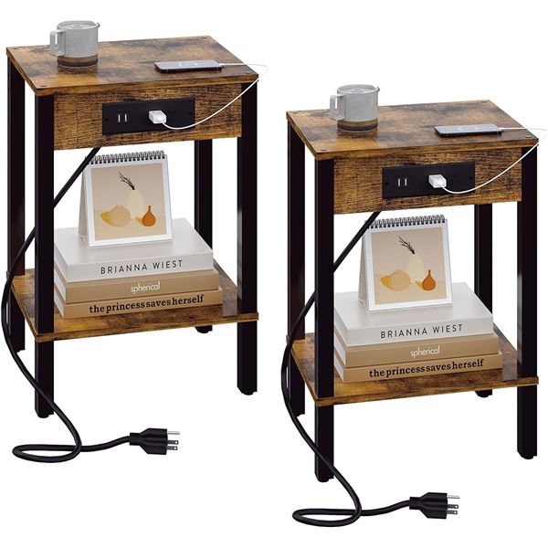 2 Rustic Brown Side Tables/Nightstands with Built-In Charging Stations - New in Box (Assembly Req'd)