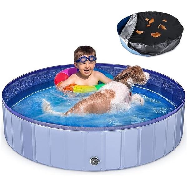 1 Foldable 63" Large Dog/Kids Pool with Cover - Heavy Duty PVC Dog Swimming Pool - New