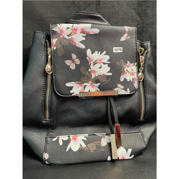 1 Women's Black/Floral Design Daypack/Backpack Bag - Brand New