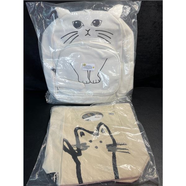 1 Cat Design Backpack with Fabric Lunch Bag - White/Cream Colour - Brand New