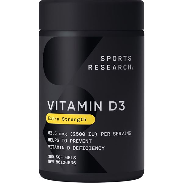 1 Container of Sports Research Vitamin D3 Extra Strength Soft Gels - 240 Soft Gels - New